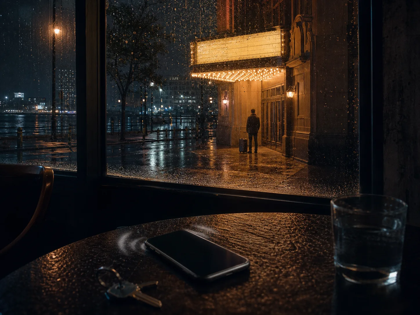 Telefone sobre uma mesa e pessoa esperando sob a marquise de um cinema na chuva