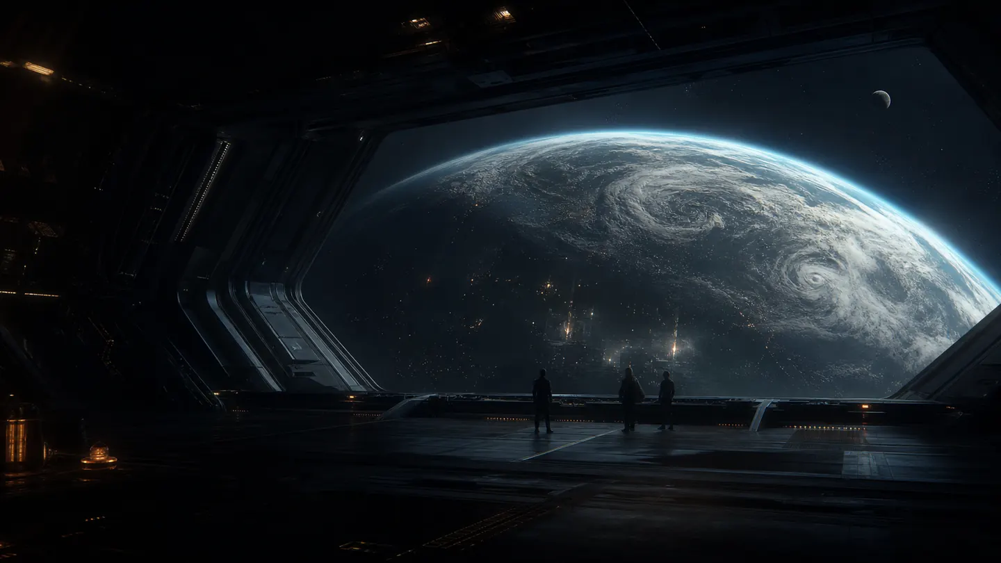 Tripulação observa um planeta habitado pela janela panorâmica da ponte de uma nave